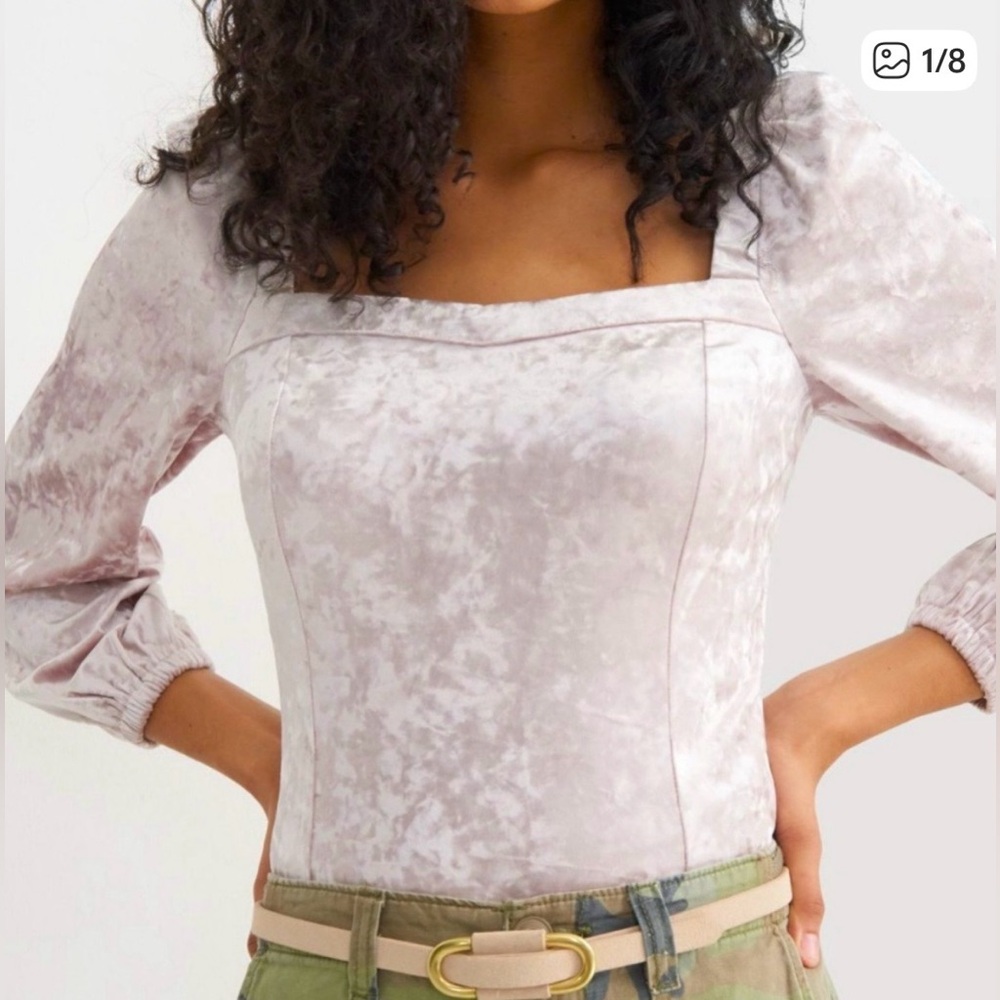 Anthropologie Jessima Shirt Blouse Velvet Long Puff Sleeves Pink Size Small